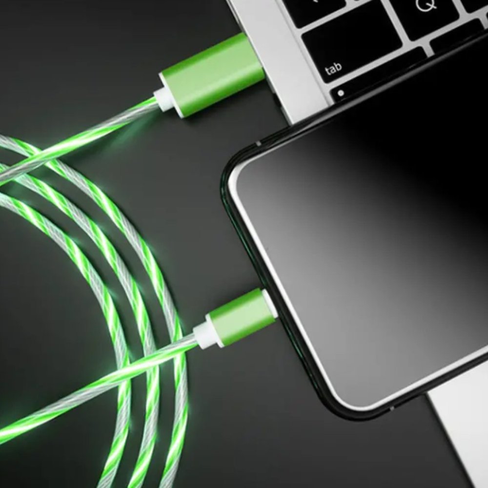 iPhone, GREEN LED Illuminated Charging Cable  Streamer lights flow